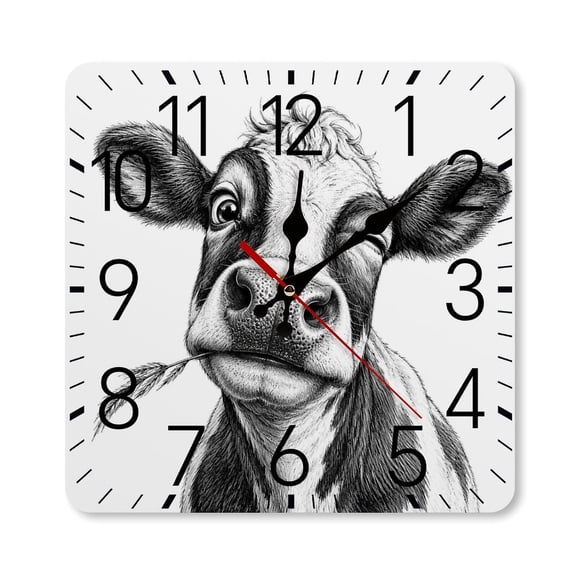 RKSupls 1010inch Square Silent Wall Clock Wooden Frame, Winking Cow with Hay Sketch Portrait Scale Decorative Clock for Home Bedroom Living Room Office