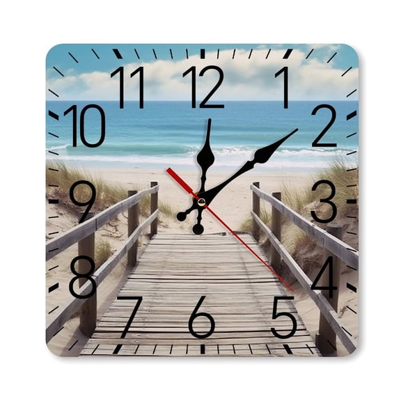 RKSupls 10×10inch Square Silent Wall Clock Wooden Frame, Wooden Boardwalk Sandy Beach Scale Decorative Clock for Home Bedroom Living Room Office