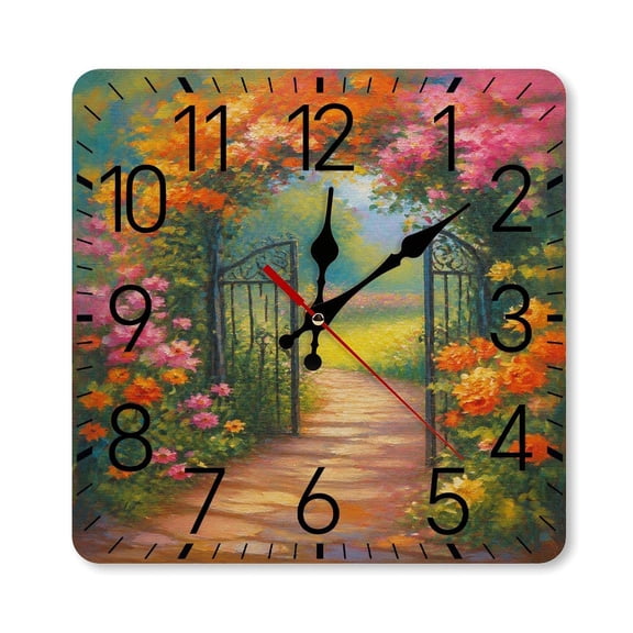 RKSupls 10×10inch Square Silent Wall Clock Wooden Frame, Wrought Iron Gate with Rose Arch Scale Decorative Clock for Home Bedroom Living Room Office