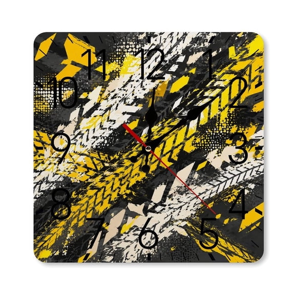 RKSupls 1010inch Square Silent Wall Clock Wooden Frame, Yellow Abstract Grunge Tire Track Art Scale Decorative Clock for Home Bedroom Living Room Office