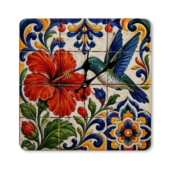 RKSupls 1010inch Talavera Hummingbird Hibiscus Ceramic Tile Pattern Square Unmarked Wall Clock Silent Non-Ticking Home Decor for Bedroom Living Room Office Classroom Easy to Install
