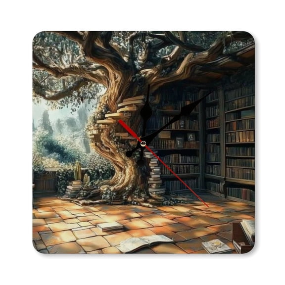 RKSupls 10×10inch Tree Library Bookshelf Interior Square Unmarked Wall Clock Silent Non-Ticking Home Decor for Bedroom Living Room Office Classroom Easy to Install