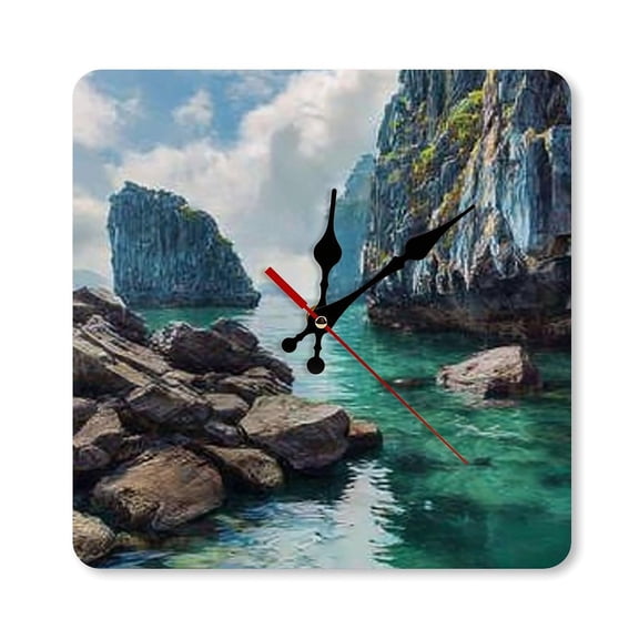 RKSupls 1010inch Tropical Ocean Rocks Landscape Square Unmarked Wall Clock Silent Non-Ticking Home Decor for Bedroom Living Room Office Classroom Easy to Install