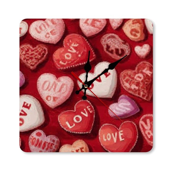RKSupls 10×10inch Valentine Love Hearts Pattern Square Unmarked Wall Clock Silent Non-Ticking Home Decor for Bedroom Living Room Office Classroom Easy to Install