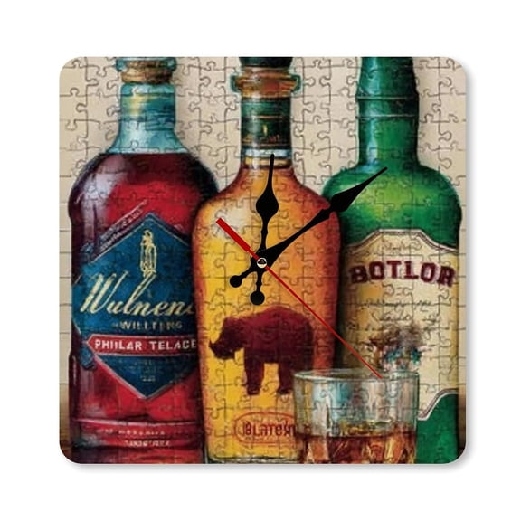 RKSupls 10×10inch Whiskey Bottles Puzzle Glass Square Unmarked Wall Clock Silent Non-Ticking Home Decor for Bedroom Living Room Office Classroom Easy to Install