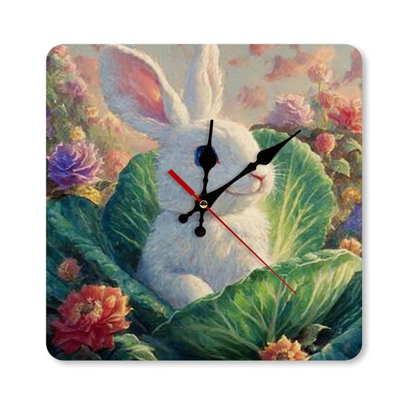RKSupls 1010inch White Rabbit Flowers Square Unmarked Wall Clock Silent Non-Ticking Home Decor for Bedroom Living Room Office Classroom Easy to Install