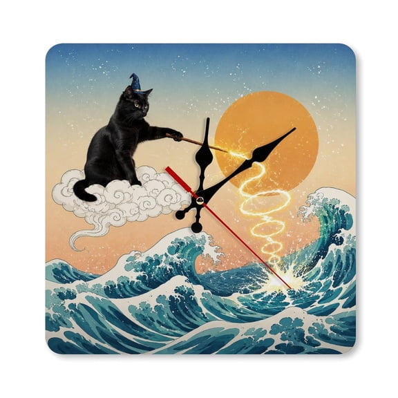 RKSupls 1010inch Wizard Cat On Cloud With Wand Square Unmarked Wall Clock Silent Non-Ticking Home Decor for Bedroom Living Room Office Classroom Easy to Install