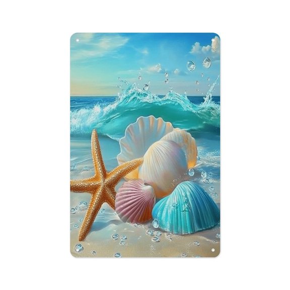 RKSupls 12x8 Inch Vertical Aluminum Plaque Sign, Beach Shells Starfish Wave Rustproof UV Print Wall Decor with Pre-Drilled Holes for Home Farmhouse Garage Bar Decor