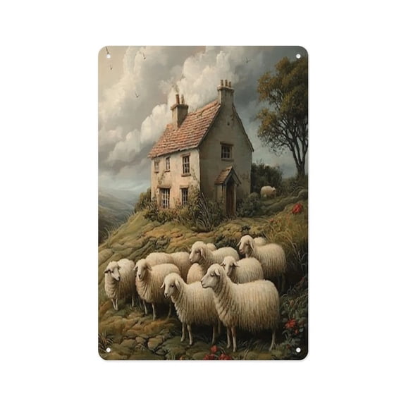 RKSupls 12x8 Inch Vertical Aluminum Plaque Sign, Country Cottage Sheep Farm Rustproof UV Print Wall Decor with Pre-Drilled Holes for Home Farmhouse Garage Bar Decor