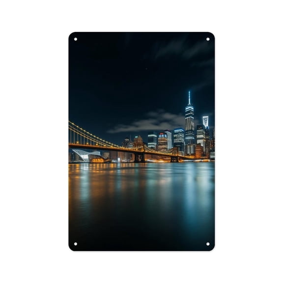 RKSupls 12x8 Inch Vertical Aluminum Plaque Sign, New York City Night Skyline Bridge Rustproof UV Print Wall Decor with Pre-Drilled Holes for Home Farmhouse Garage Bar Decor