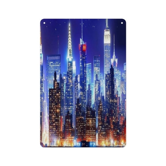 RKSupls 12x8 Inch Vertical Aluminum Plaque Sign, New York City Night Skyline Rustproof UV Print Wall Decor with Pre-Drilled Holes for Home Farmhouse Garage Bar Decor