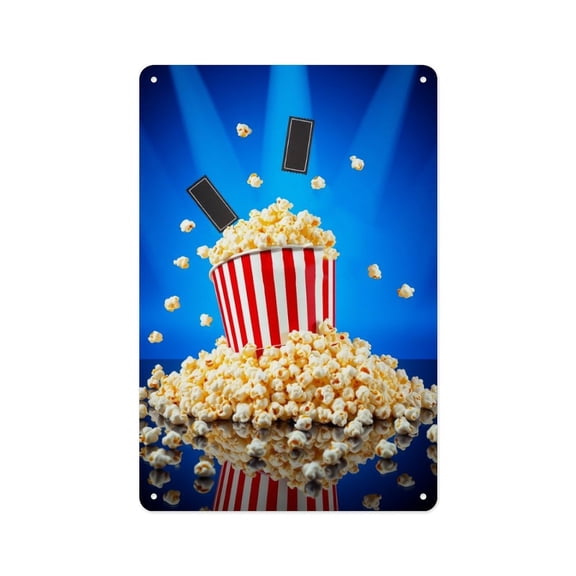 RKSupls 12x8 Inch Vertical Aluminum Plaque Sign, Popcorn Movie Night Rustproof UV Print Wall Decor with Pre-Drilled Holes for Home Farmhouse Garage Bar Decor