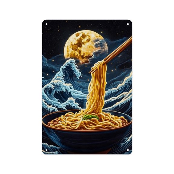 RKSupls 12x8 Inch Vertical Aluminum Plaque Sign, Ramen Moon Ocean Wave Art Rustproof UV Print Wall Decor with Pre-Drilled Holes for Home Farmhouse Garage Bar Decor