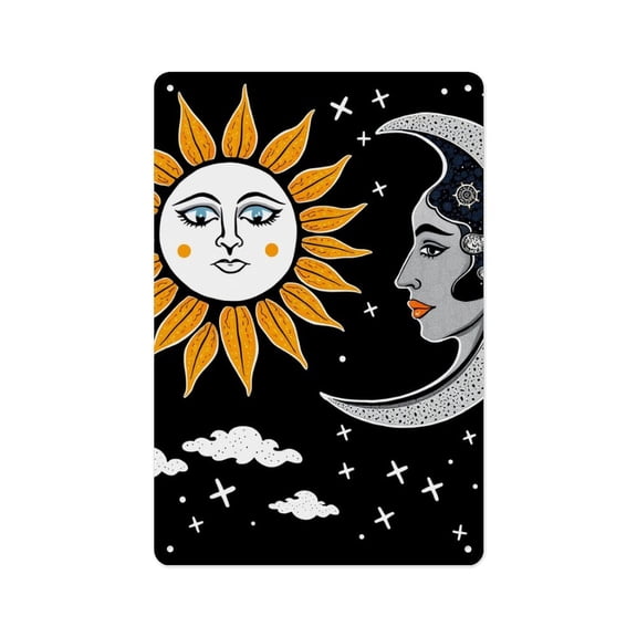RKSupls 12x8 Inch Vertical Aluminum Plaque Sign, Sun Moon Face Art Rustproof UV Print Wall Decor with Pre-Drilled Holes for Home Farmhouse Garage Bar Decor