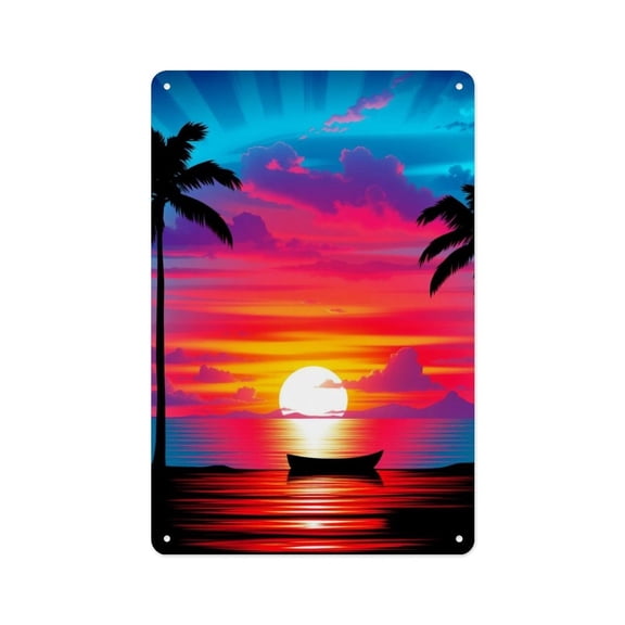 RKSupls 12x8 Inch Vertical Aluminum Plaque Sign, Sunset Beach Palm Trees Ocean Rustproof UV Print Wall Decor with Pre-Drilled Holes for Home Farmhouse Garage Bar Decor