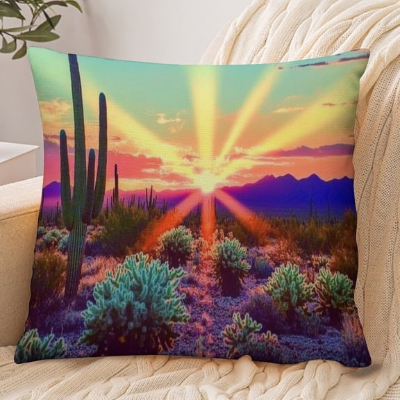 RKSupls 18x18 Inch Envelope Throw Pillow Cover, Cactus Desert Sunset Rays Soft Polyester Modern Farmhouse Decorative Cushion Case for Home Bedroom Living Room