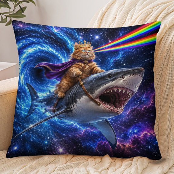 RKSupls 18x18 Inch Envelope Throw Pillow Cover, Cat King Riding Space Shark With Rainbow Beam Soft Polyester Modern Farmhouse Decorative Cushion Case for Home Bedroom Living Room
