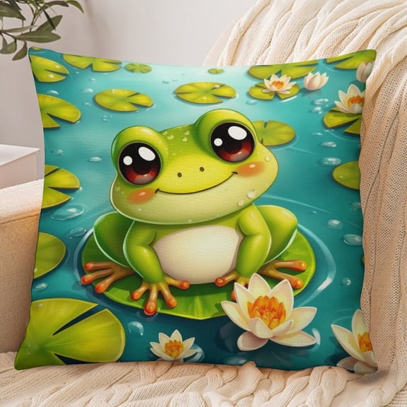 RKSupls 18x18 Inch Envelope Throw Pillow Cover, Cute Frog Lily Pad Pond Soft Polyester Modern Farmhouse Decorative Cushion Case for Home Bedroom Living Room