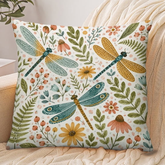 RKSupls 18x18 Inch Envelope Throw Pillow Cover, Dragonflies Garden Floral Soft Polyester Modern Farmhouse Decorative Cushion Case for Home Bedroom Living Room