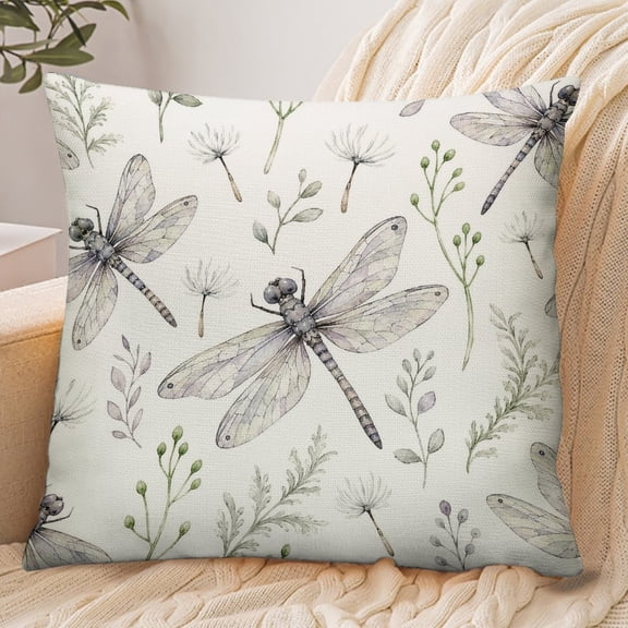 RKSupls 18x18 Inch Envelope Throw Pillow Cover, Dragonfly Meadow Pattern Soft Polyester Modern Farmhouse Decorative Cushion Case for Home Bedroom Living Room