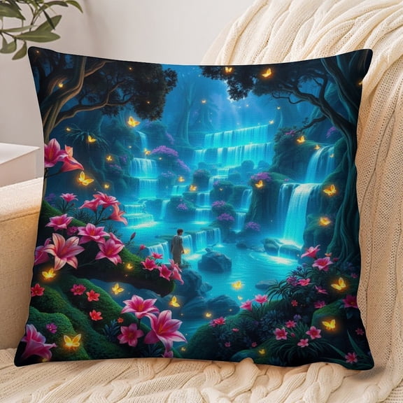 RKSupls 18x18 Inch Envelope Throw Pillow Cover, Fantasy Waterfall Forest Soft Polyester Modern Farmhouse Decorative Cushion Case for Home Bedroom Living Room