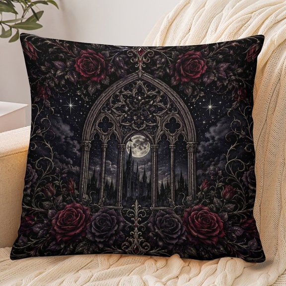 RKSupls 18x18 Inch Envelope Throw Pillow Cover, Gothic Cathedral Window Moonlit Roses Soft Polyester Modern Farmhouse Decorative Cushion Case for Home Bedroom Living Room