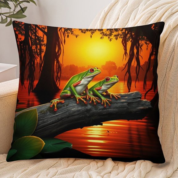 RKSupls 18x18 Inch Envelope Throw Pillow Cover, Green Frogs Swamp Sunset Soft Polyester Modern Farmhouse Decorative Cushion Case for Home Bedroom Living Room