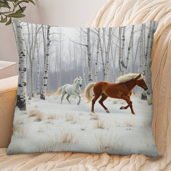 RKSupls 18x18 Inch Envelope Throw Pillow Cover, Horses Running Snow Forest Soft Polyester Modern Farmhouse Decorative Cushion Case for Home Bedroom Living Room