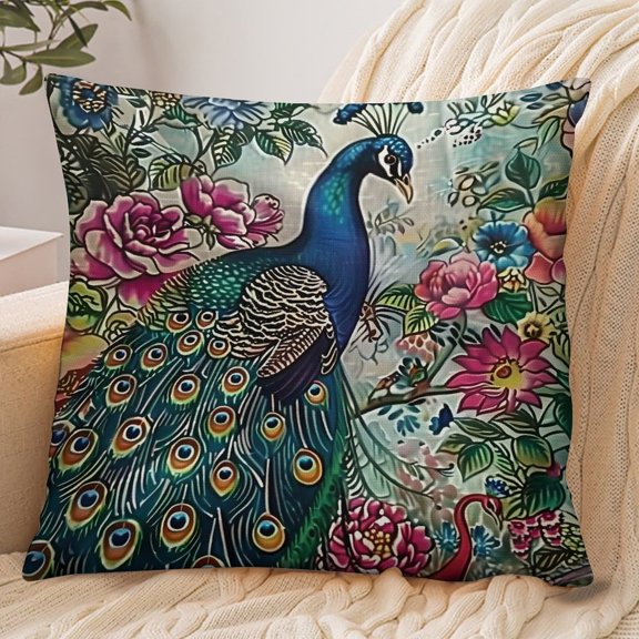 RKSupls 18x18 Inch Envelope Throw Pillow Cover, Peacock Flowers Ceramic Roses Soft Polyester Modern Farmhouse Decorative Cushion Case for Home Bedroom Living Room