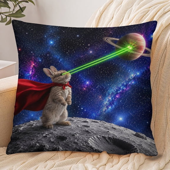 RKSupls 18x18 Inch Envelope Throw Pillow Cover, Rabbit Superhero With Laser Eyes On Moon Surface Soft Polyester Modern Farmhouse Decorative Cushion Case for Home Bedroom Living Room