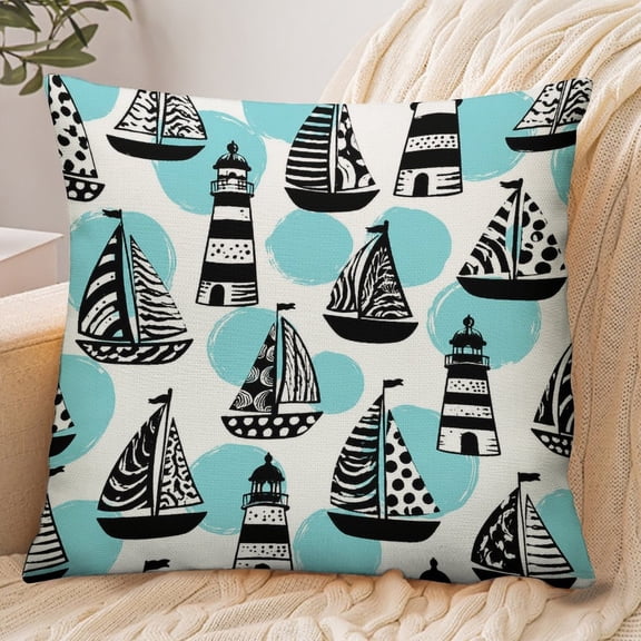 RKSupls 18x18 Inch Envelope Throw Pillow Cover, Sailboat Lighthouse Sketch Pattern Soft Polyester Modern Farmhouse Decorative Cushion Case for Home Bedroom Living Room
