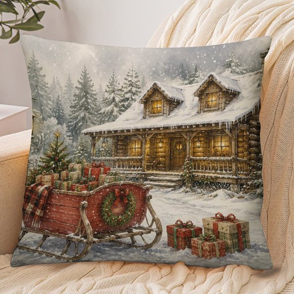 RKSupls 18x18 Inch Envelope Throw Pillow Cover, Snowy Log Cabin With Sleigh And Gifts Soft Polyester Modern Farmhouse Decorative Cushion Case for Home Bedroom Living Room