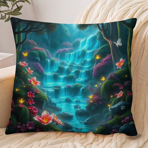 RKSupls 18x18 Inch Envelope Throw Pillow Cover, Waterfall Forest Fantasy Soft Polyester Modern Farmhouse Decorative Cushion Case for Home Bedroom Living Room