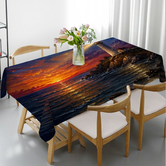 RKSupls 1pc Lighthouse Ocean Sunset Night Print Tablecloths for dining table, Festive Table Setting Polyester Tablecloths, Lighthouse Ocean Sunset Night