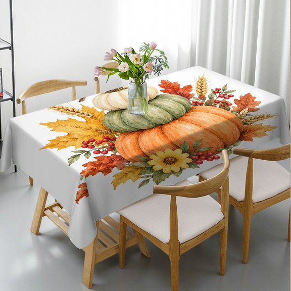RKSupls 1pc Stacked Pumpkins With Robin Print Rectangle Tablecloth, Machine-Made Festive Table Setting, Stacked Pumpkins With Robin