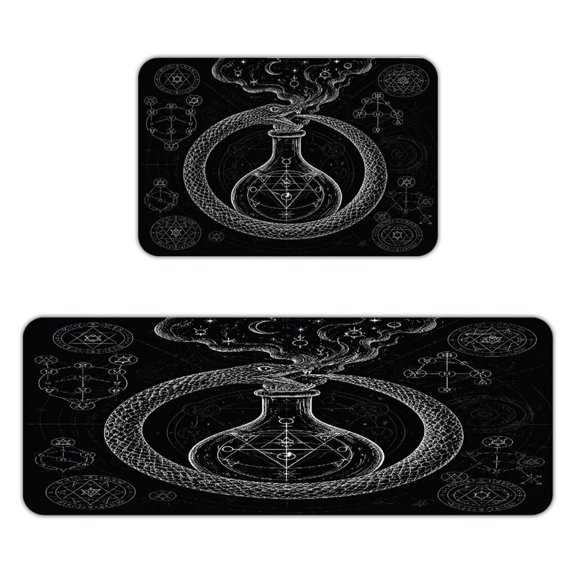 RKSupls 2-Piece Kitchen Rug Set, Alchemy Snake Flask Mystic Art Non-Slip Absorbent Flannel Floor Mats 16x24 & 18x47, Washable Runner for Bathroom Entryway