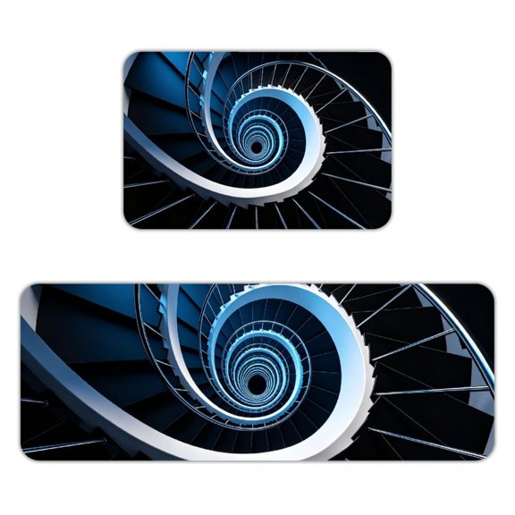 RKSupls 2-Piece Kitchen Rug Set, Blue Spiral Staircase Infinity Non-Slip Absorbent Flannel Floor Mats 16x24 & 18x47, Washable Runner for Bathroom Entryway