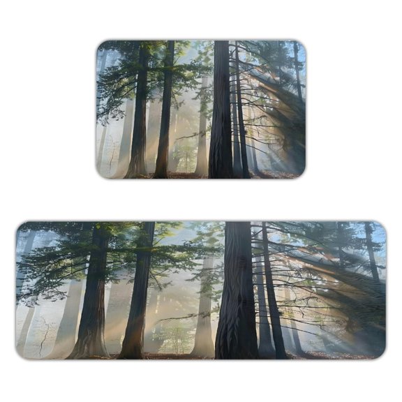 RKSupls 2-Piece Kitchen Rug Set, Forest Sunbeams Misty Pines Non-Slip Absorbent Flannel Floor Mats 16x24 & 18x47, Washable Runner for Bathroom Entryway