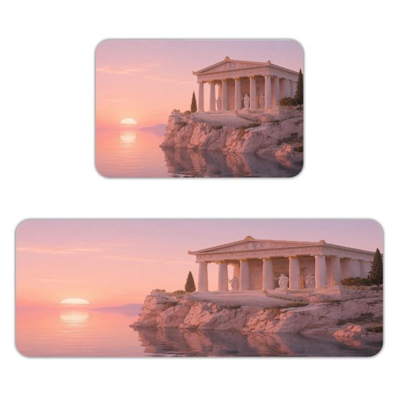 RKSupls 2-Piece Kitchen Rug Set, Greek Temple Cliff at Sunset Non-Slip Absorbent Flannel Floor Mats 16x24 & 18x47, Washable Runner for Bathroom Entryway