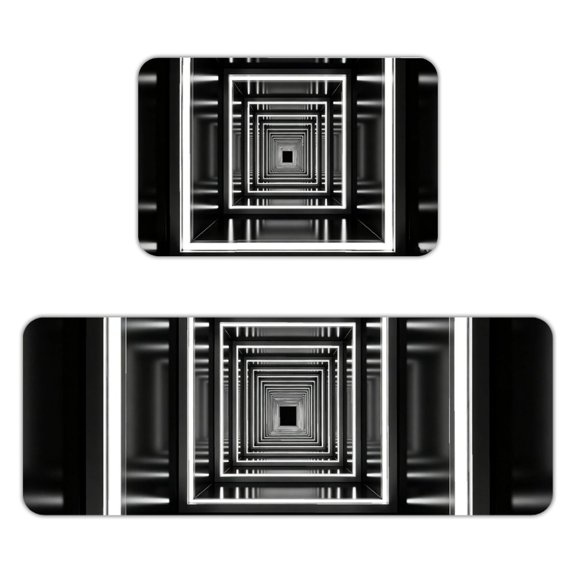 RKSupls 2-Piece Kitchen Rug Set, Monochrome Square Infinity Tunnel Non-Slip Absorbent Flannel Floor Mats 16x24 & 18x47, Washable Runner for Bathroom Entryway