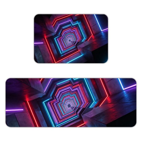 RKSupls 2-Piece Kitchen Rug Set, Neon Pentagon Infinity Corridor Non-Slip Absorbent Flannel Floor Mats 16x24 & 18x47, Washable Runner for Bathroom Entryway