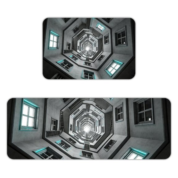 RKSupls 2-Piece Kitchen Rug Set, Octagon Concrete Stairwell Infinity Non-Slip Absorbent Flannel Floor Mats 16x24 & 18x47, Washable Runner for Bathroom Entryway