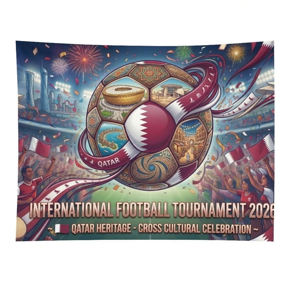 RKSupls 2026 Soccer Cup, Qatar Theme Football Game Celebration Wall Tapestry Football Sports Wall Hanging Polyester Soft Lightweight Home Decor for Bedroom Living Room Soccer Party