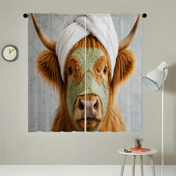 RKSupls 2Pcs Polyester Sheer Curtains for Windows, Highland Cow Face Mask Spa , Light Filtering Privacy Drape Panels, Home Decor for Living Room Bedroom Kitchen