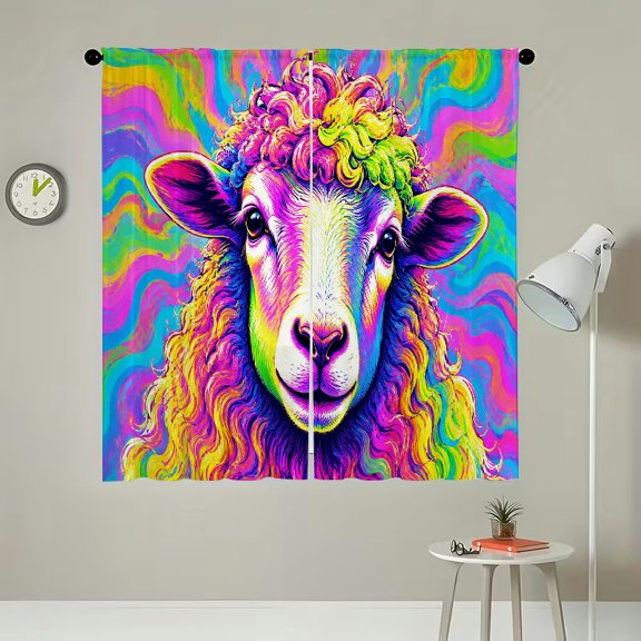 RKSupls 2Pcs Polyester Sheer Curtains for Windows, Psychedelic Sheep Portrait  , Light Filtering Privacy Drape Panels   Home Decor for Living Room Bedroom Kitchen