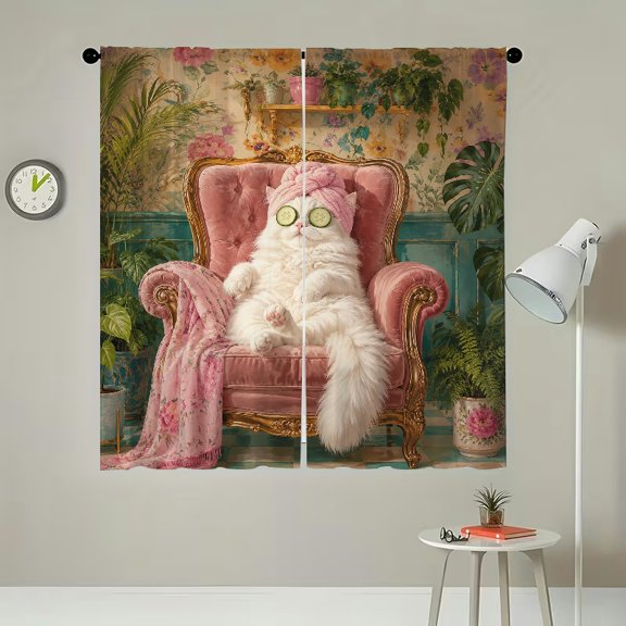 RKSupls 2Pcs Polyester Sheer Curtains for Windows Spa Cat On Pink Throne Light Filtering Privacy Drape Panels, Home Decor for Living Room Bedroom Kitchen