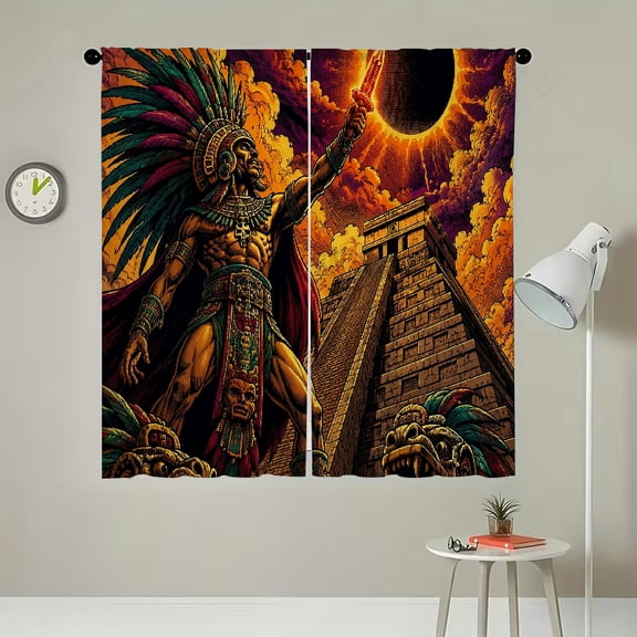 RKSupls 2Pcs Polyester Sheer Curtains for Windows, Aztec Chief Eclipse Pyramid Ritual, Home Decor for Living Room Bedroom Kitchen