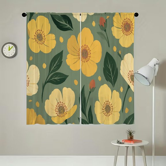 RKSupls 2Pcs Polyester Sheer Curtains for Windows, Buttercup Floral Pattern Green Spring, Home Decor for Living Room Bedroom Kitchen