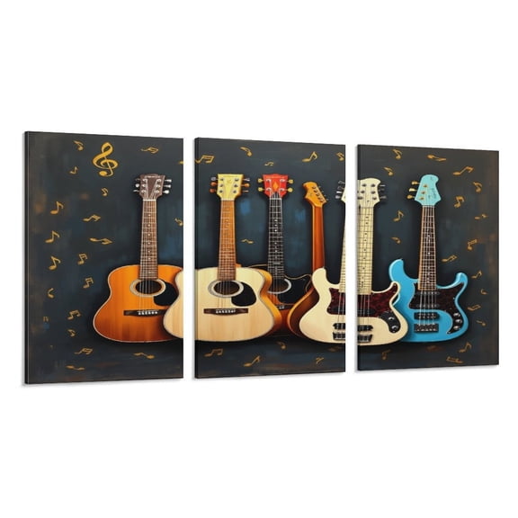 RKSupls 3 Piece Canvas Wall Art Set Modern Farmhouse Living Room Decor Acoustic Electric Guitar Wall Prints Framed Ready to Hang for Bedroom Office