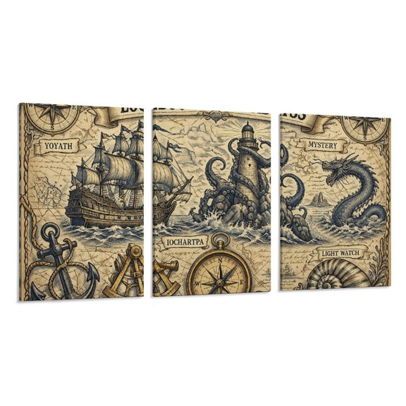 RKSupls 3 Piece Canvas Wall Art Set Modern Farmhouse Living Room Decor Antique Nautical Compass Kraken Lighthouse Map Plate Prints Framed Ready to Hang for Bedroom Office